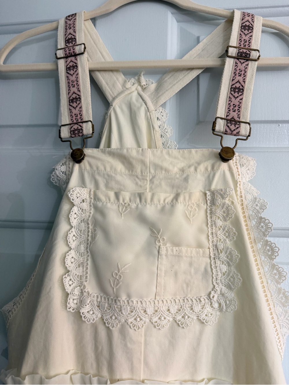 Cream Lace-Trim women’s dress  Overalls with cream Patterned Straps